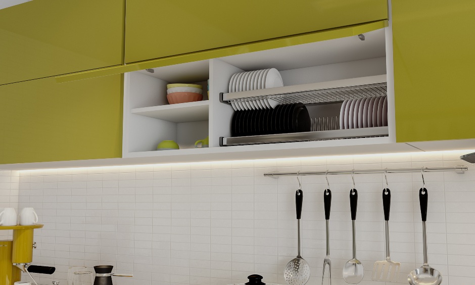 Black and lime green modular kitchen design with storage cabinets
