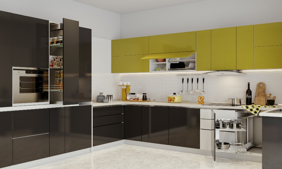 Best modular kitchen designers in bangalore design a g-shaped kitchen with innovative magic corner unit