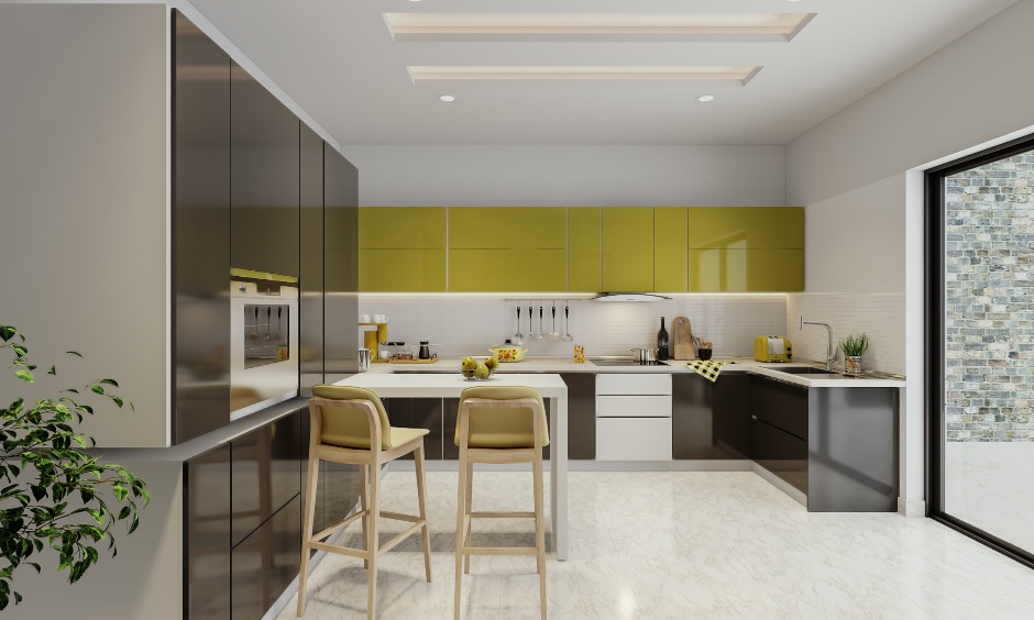 G shaped kitchen design with two contrasting colours of black and lime green