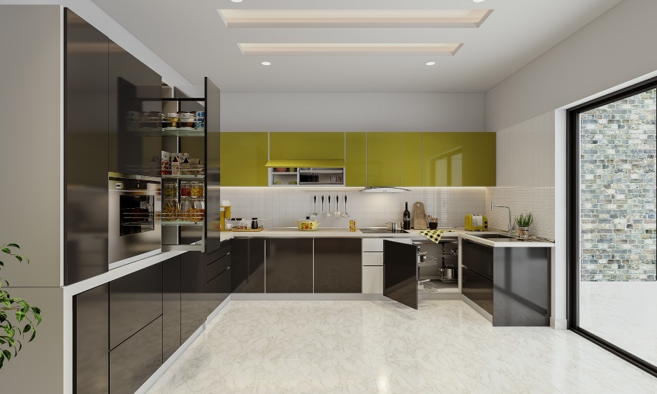 G shaped modular kitchen design with a magic corner unit creates modern modular kitchen