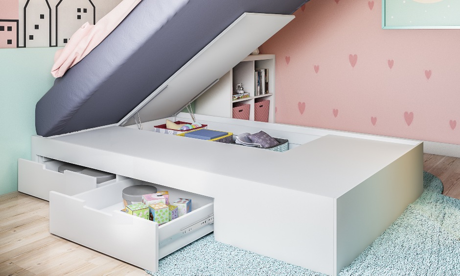 Girls beds with storage space for toys in modern kids bedroom images