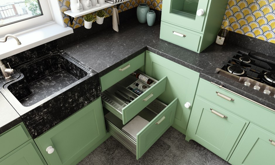U shaped classic kitchen design with an inbuilt cutlery tray in the drawer for indian modular kitchen