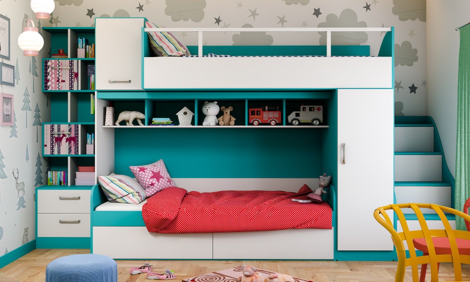 Kids bedroom design in modern eclectic style with bunk beds for kids