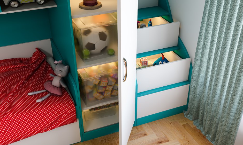 Kids bedroom interiors in modern eclectic style with space saving storage staircase design