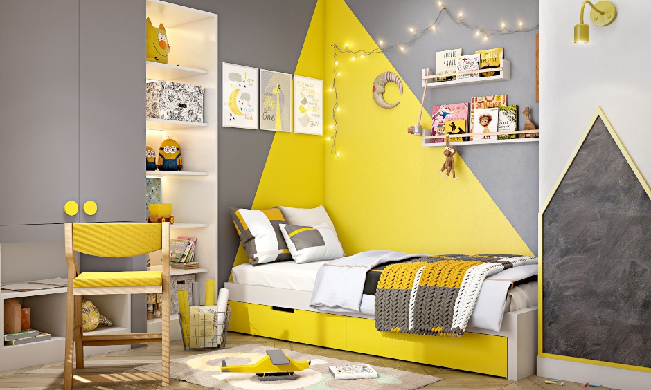 Kids bedroom design with a wardrobe with an attached study unit in grey