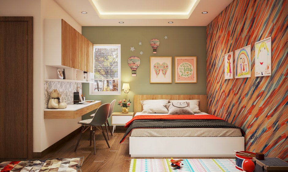 Kids bedroom design with a multicolored wall and a queen size bed