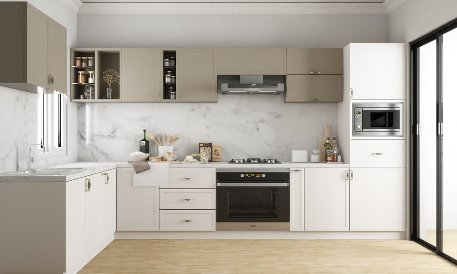 L shaped modular kitchen with marble and wood materials give a modern kitchen design