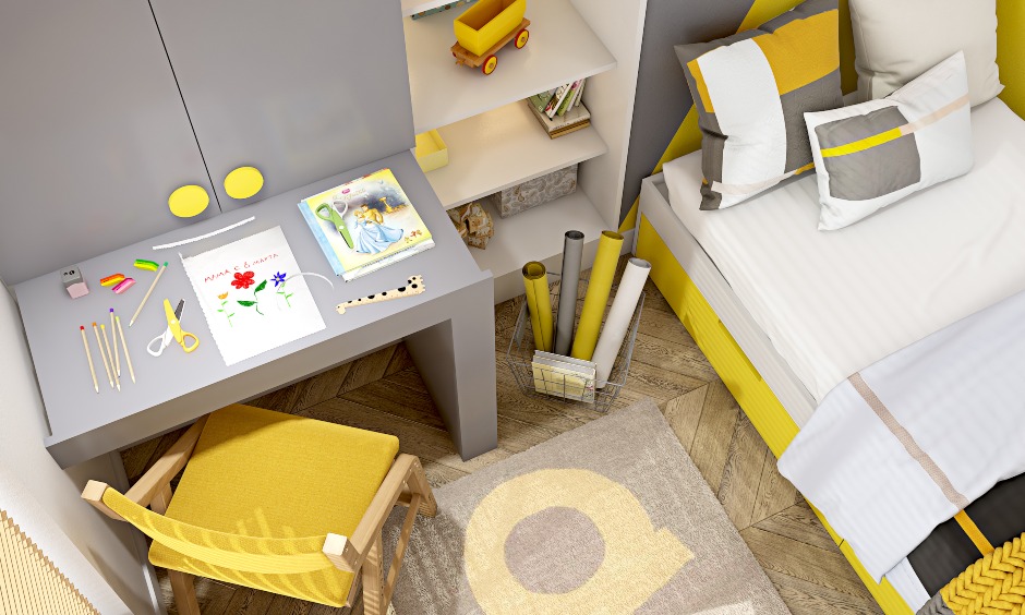 Latest kids bedroom design in patonce color of the year 2021 with an attached study unit in grey