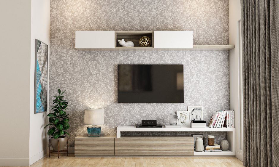 Living room design with a sleek tv unit with shelves and cabinets gives storage in your living room interior