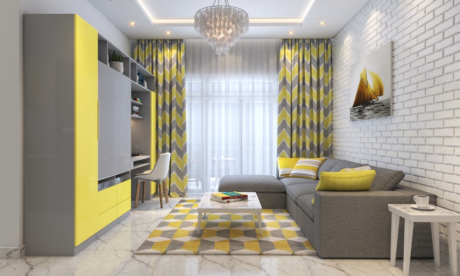 Living room design with modular tv unit in yellow and grey