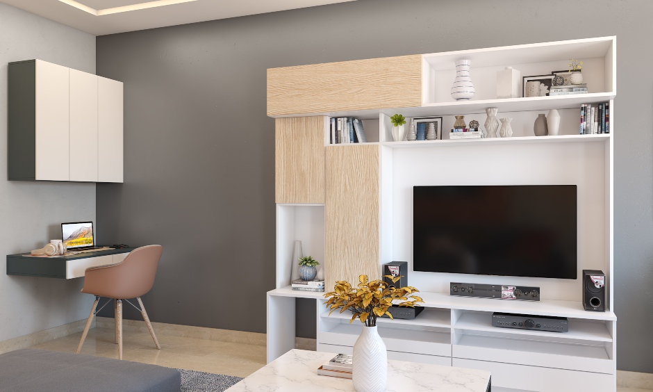 Living room interior design with white laminated tv unit comes with several storage shelves and cabinets