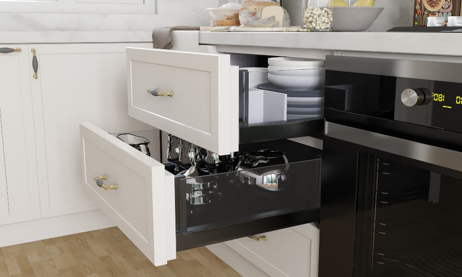 L shaped modern kitchen interior design with pull out drawers for storage solutions