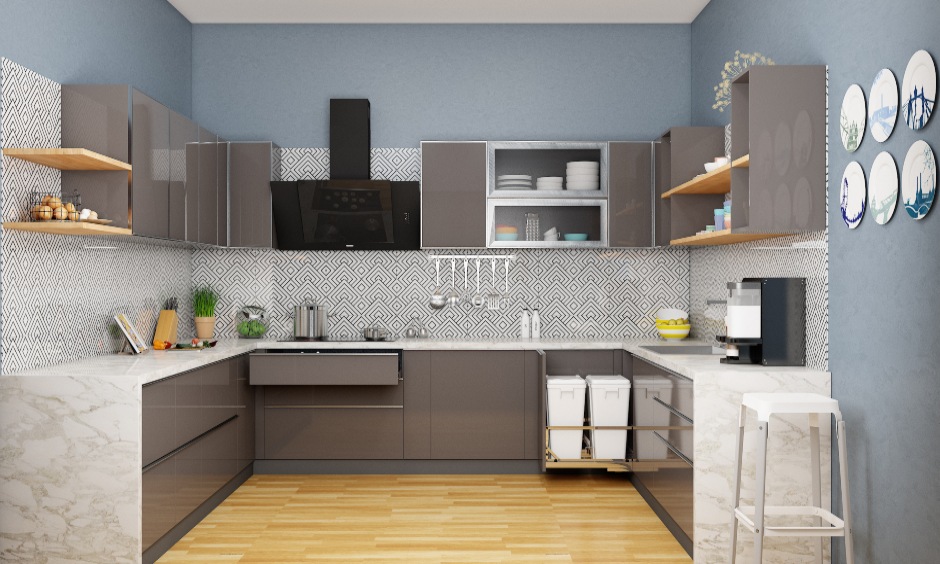 Modular kitchen design images in u shaped kitchen interior layout with cabinets and drawers