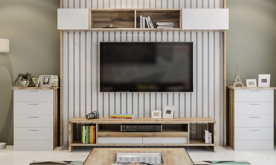 Living room design with a tv unit with vertical wood panelling and open shelves for display