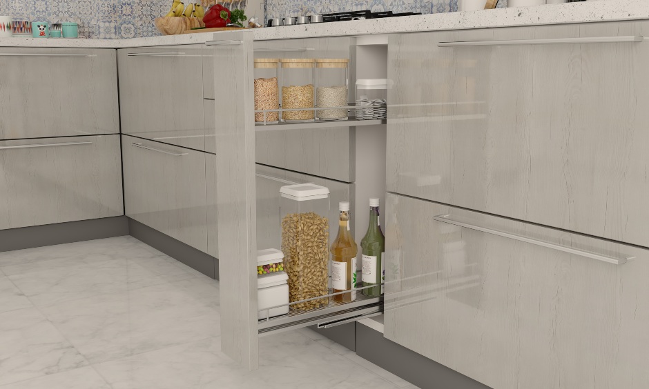 Oil pull out in a l shaped modular kitchen interiors for innovative storage solutions in small kitchens