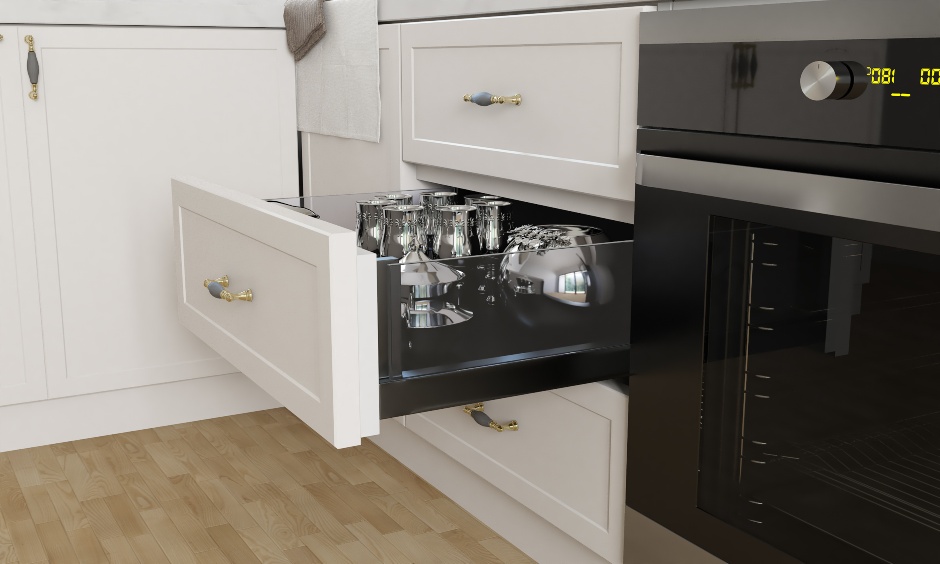 L shaped kitchen design with pull out drawers to store crockery in modern kitchen design images