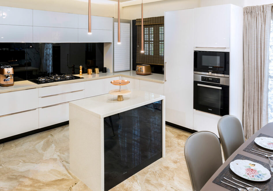 White modular kitchen designed by residential interior design bangalore