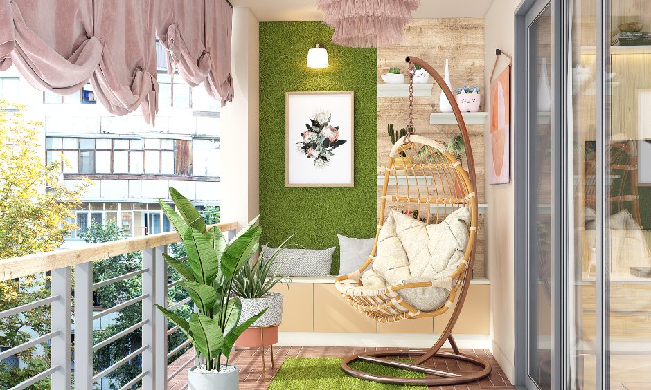 Small balcony design with turfgrass wall and single seater wicker swing