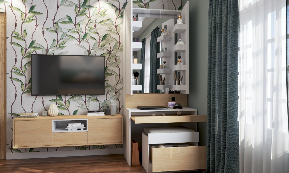 Space saving furniture using dressing table with a hidden dresser is a best space saving design for bedroom