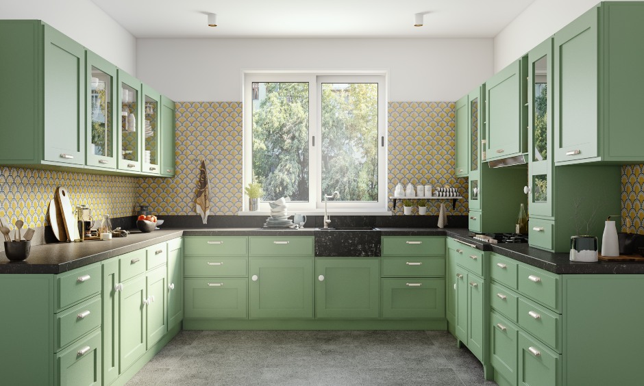 Green u-shaped classic styled modular kitchen design with latest kitchen design